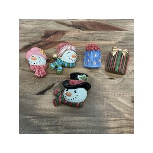 Fitz and Floyd Ceramic Snowman and Present Push Pins Set of 5 Holiday Decor